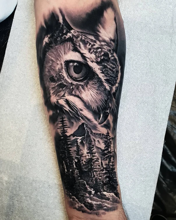 Realism Owl, Forest tattoo on Forearm