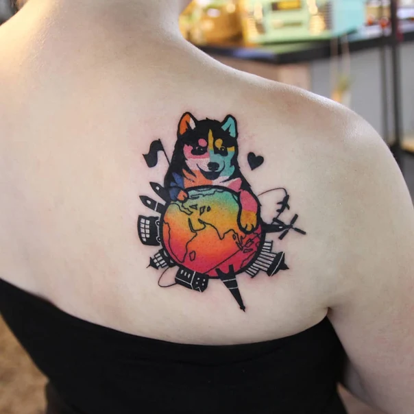 Illustrative Dog, Globe tattoo on Shoulder Blade