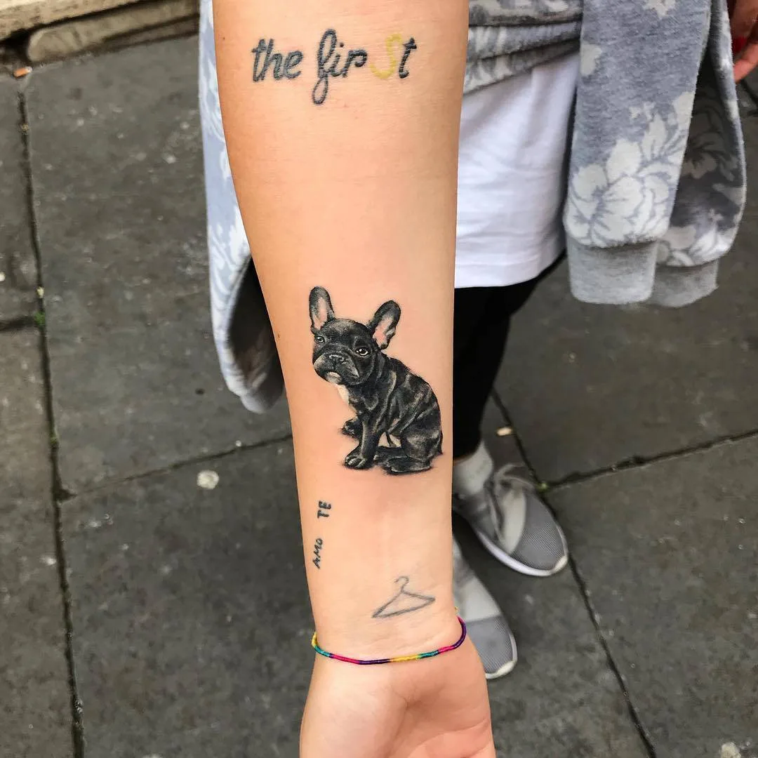 Tatuagem artista Alberto Marzari, cor tatuagem pequena realista, minimalismo, cão de pastoreio francês | Roma, Itália 