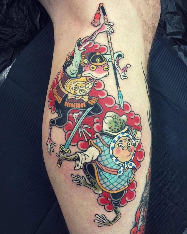 Japanese Frogs, Samurai tattoo on Calf