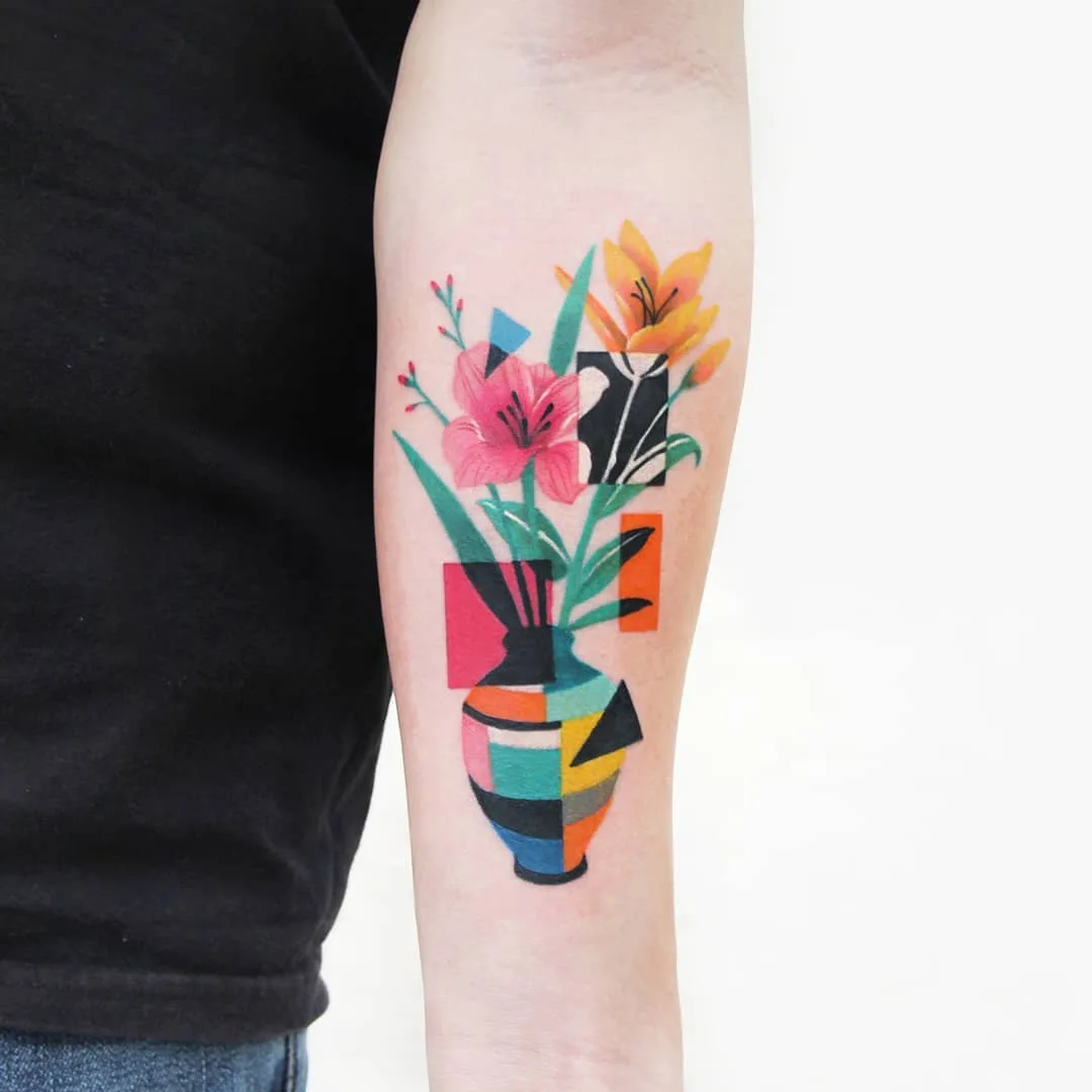 Tatuador Polyc SJ / 상진, estilo de tatuagem polygon de autores, color. Tatuagem gráfica, abstração, surrealista, cartoon | Coreia 