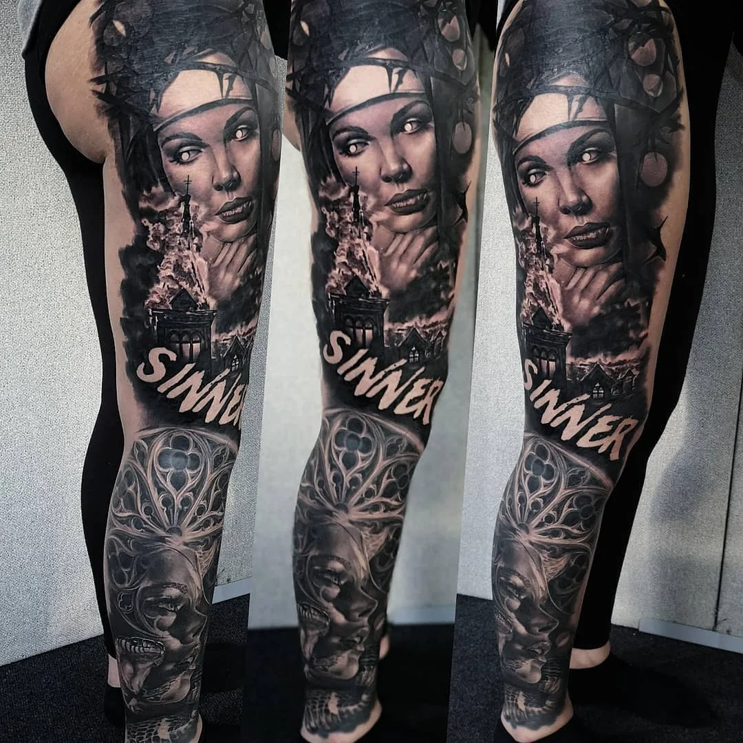 Artista di tatuaggi Nick Imms, autore di ritratto in nero e grigio con realismo | Regno Unito