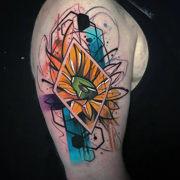 Watercolor Sunflower, Geometric tattoo on Shoulder