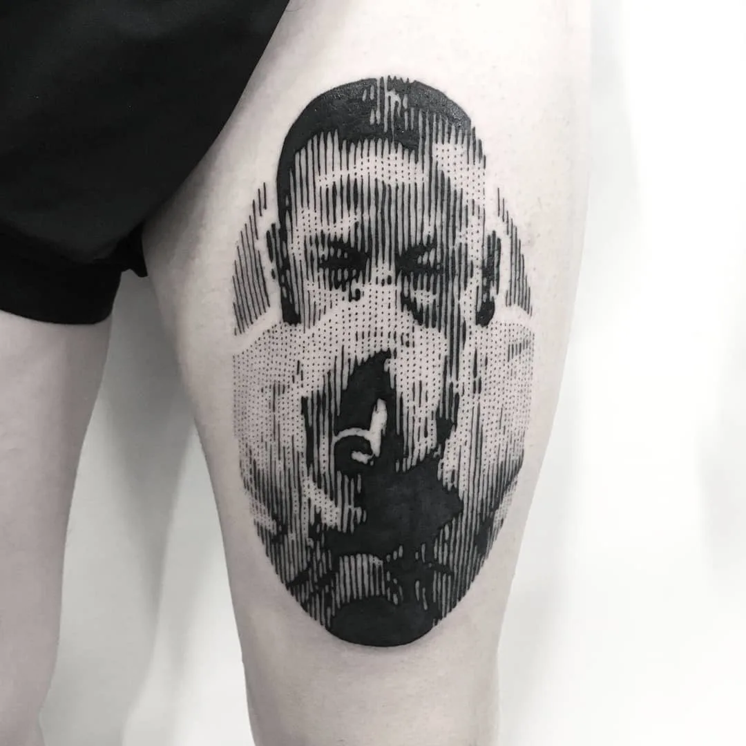 Tatuador Marco Bordi | Chester Bennington, estilo black portrait sketch tattoo, pontos e linhas | Roma, Itália