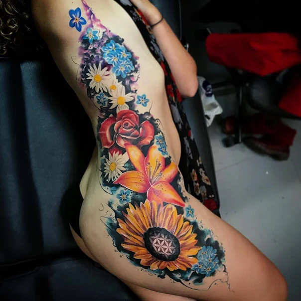 Watercolor Flowers, Sunflower tattoo on Side