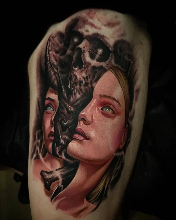 Realism Skull, Portrait tattoo on Thigh