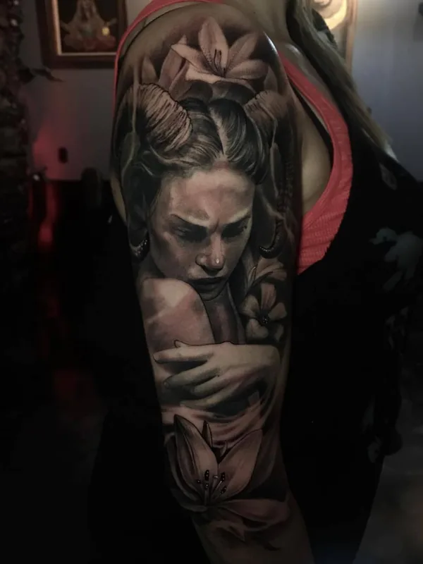 female black and grey realism Tatuagem em full sleeve #25572 | Tatuador Danny Lepore