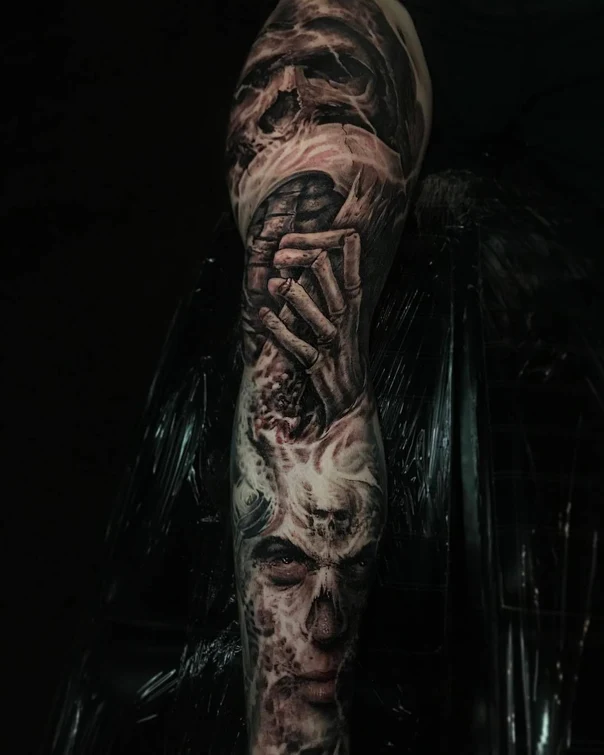 Realism Skull, Hands tattoo on Full Sleeve