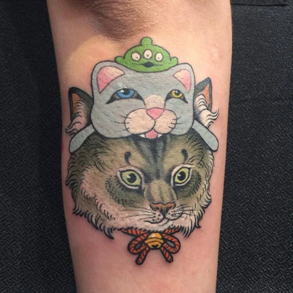 Illustrative Cat, Alien tattoo on Forearm