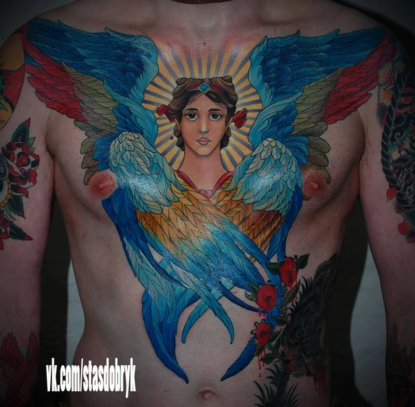Иллюстративная Angel, Wings tattoo на Грудь