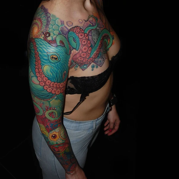 Иллюстративная Octopus, Sea life tattoo на Полный рукав