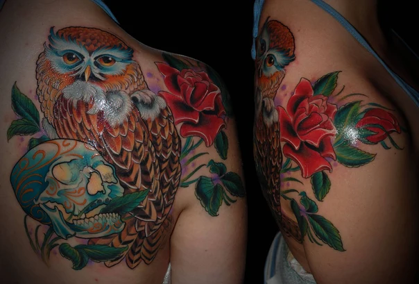 Нео-традиционная Owl, Skull tattoo на Лопатка