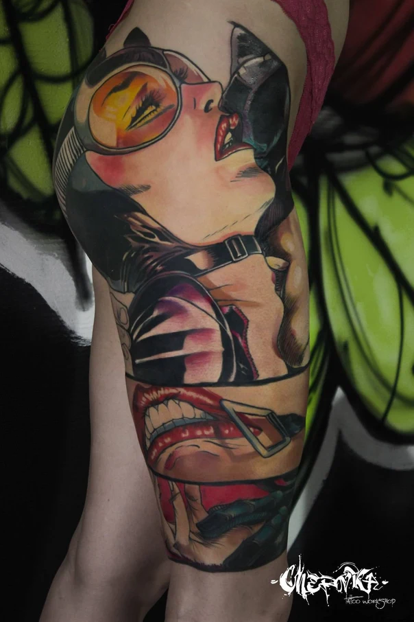 Иллюстративная Comic book, Catwoman tattoo на Thigh