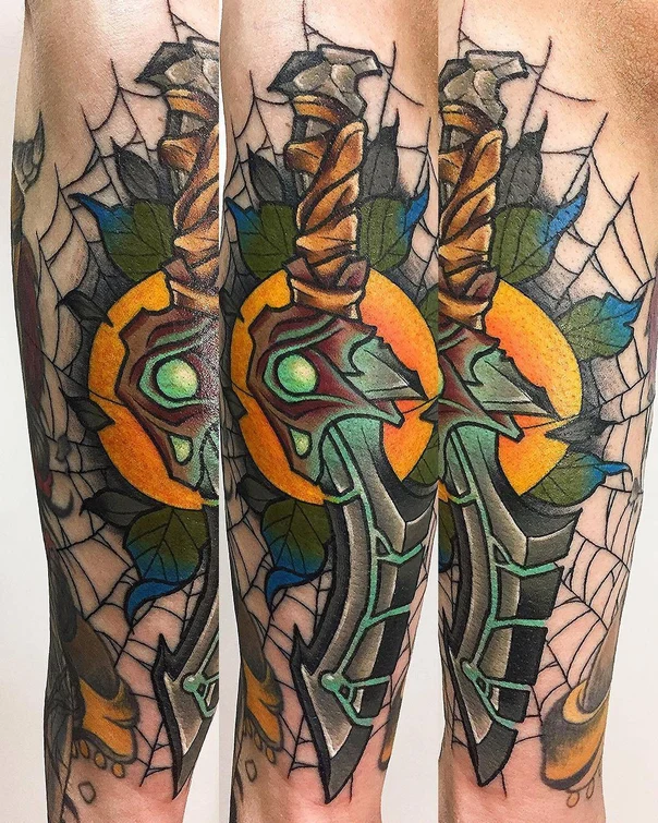 Нео-традиционная Sword, Spiderweb tattoo на Предплечье