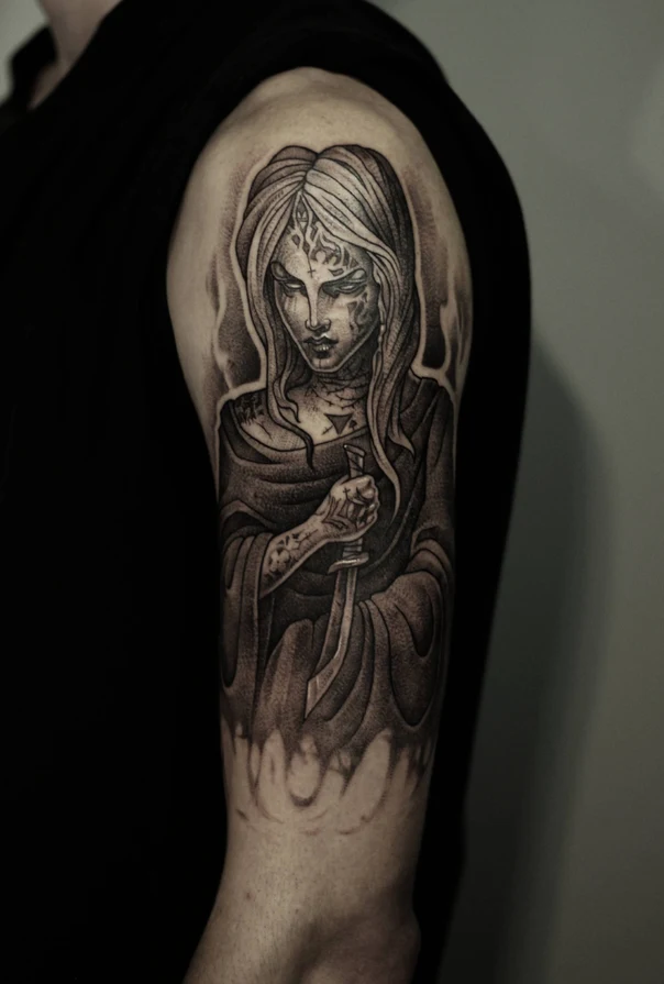 Чёрно-серая Woman, Dagger tattoo на Плечо