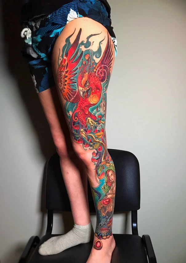 New School Phoenix, Fantasy tattoo on Full leg