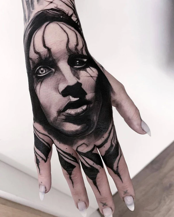 Black & Grey Portrait tattoo on Hand