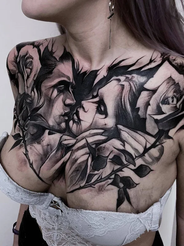 female black and grey black and grey 纹身 在 chest #32787 | 纹身师 Hollie Pryce-Jones
