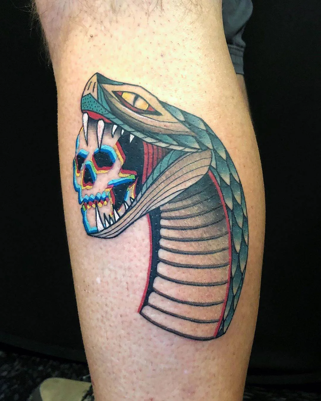 Tatouage néo-traditionnel vibrant représentant un serpent tenant un crâne dans sa gueule, avec des couleurs vives.