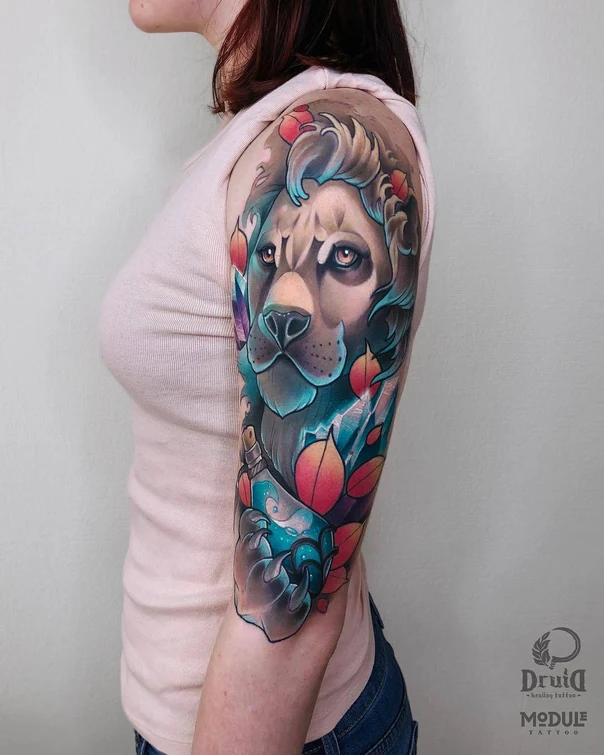 Иллюстративная Lion, Leaves tattoo на Полный рукав