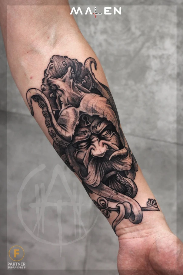 Black & Grey Octopus, Face tattoo on Forearm