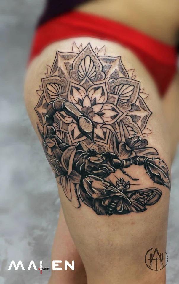 Black & Grey Mandala, Scorpion tattoo on Thigh