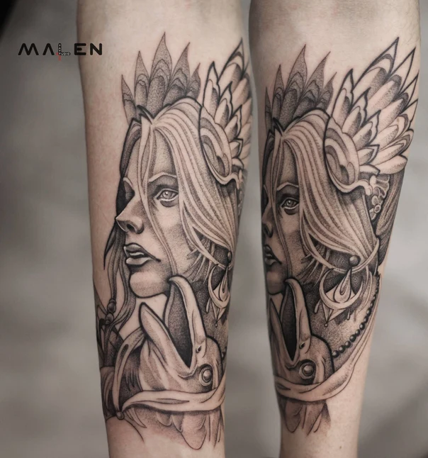 Блэкворк Portrait, Fantasy tattoo на Предплечье