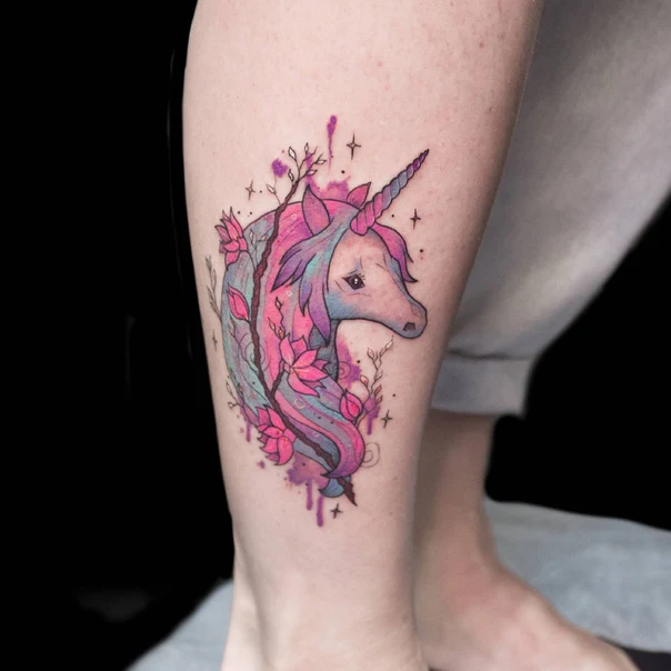 Watercolor Unicorn, Flowers tattoo on Calf
