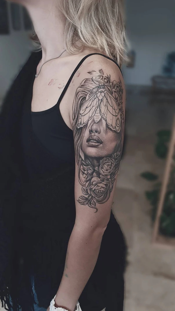 Black & Grey Portrait, Flowers tattoo on Upper Arm