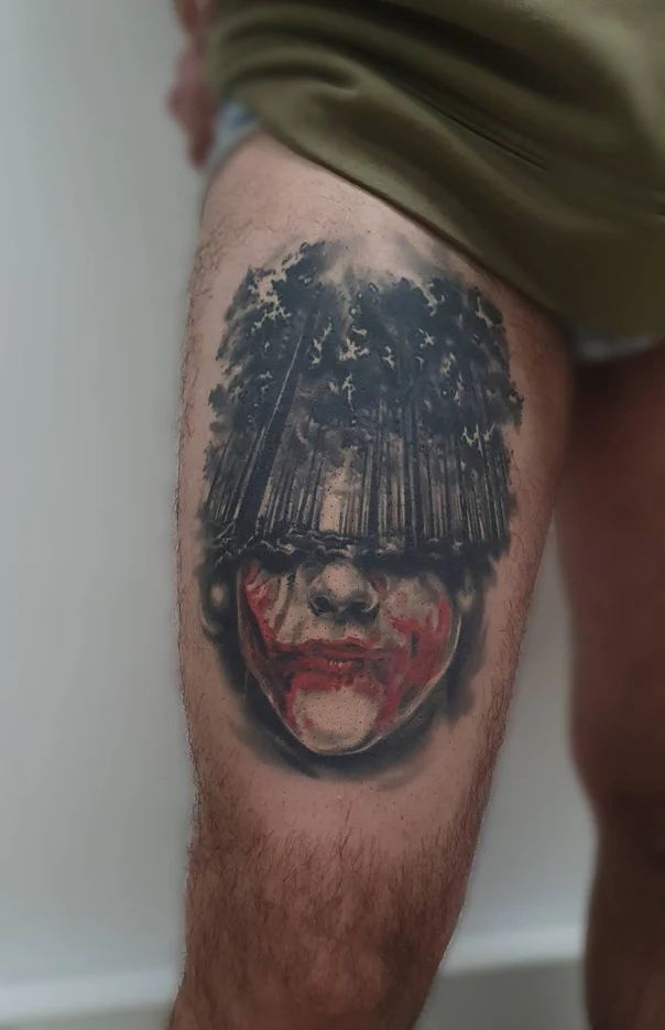 Realism Portrait, Forest tattoo on Thigh
