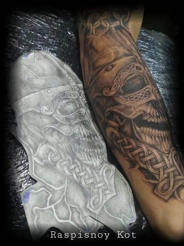 Black & Grey Skull, Celtic tattoo on Forearm