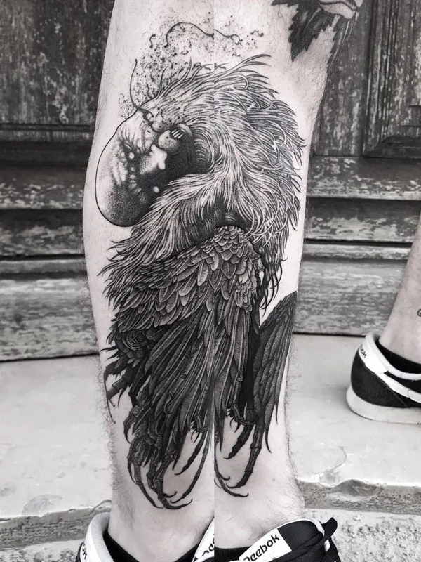 black and grey blackwork tattoo on calf #33355 | Tattoo Artist Jean Choir