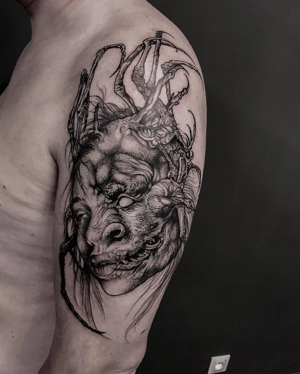 Blackwork Monster, Face tattoo on Shoulder