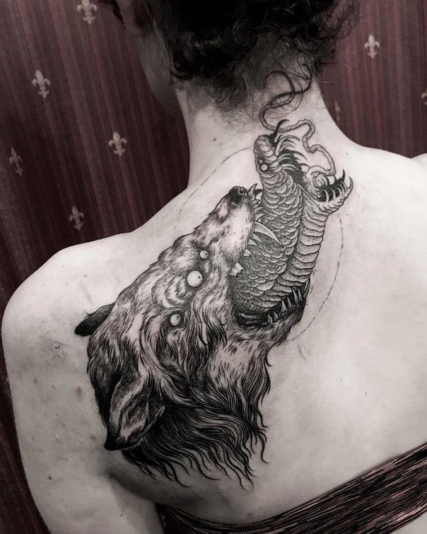 Blackwork Wolf, Dragon tattoo on Upper Back