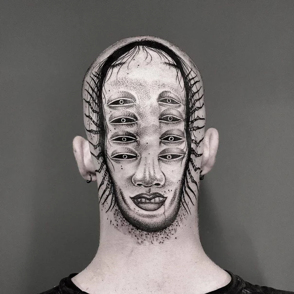 Blackwork Face, Eyes tattoo on Back of Neck