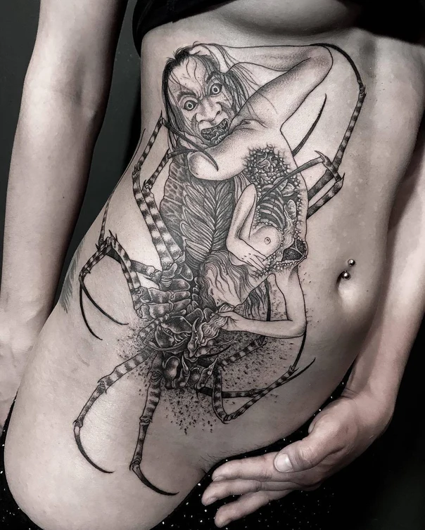 Blackwork Spider, Horror tattoo on Side