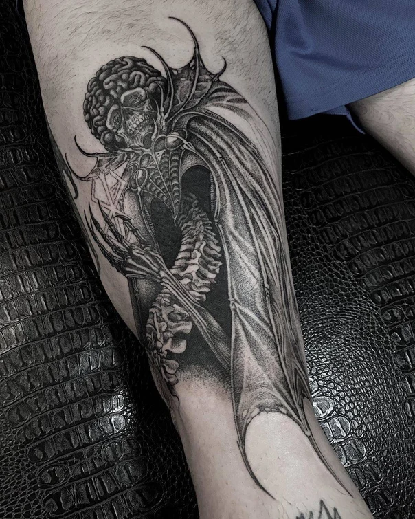 Black & Grey Skull, Skeleton tattoo on Thigh