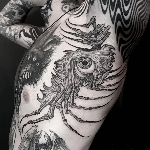 Blackwork Eye, Monster tattoo on Ribcage