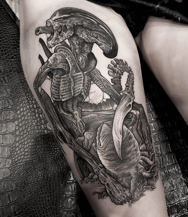 Black & Grey Alien, Biomechanical tattoo on Thigh