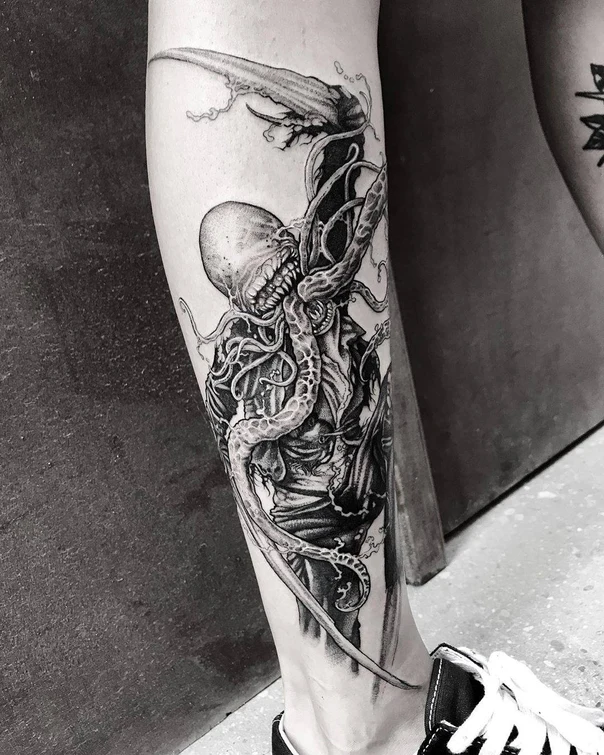 Blackwork Monster, Tentacles tattoo on Calf