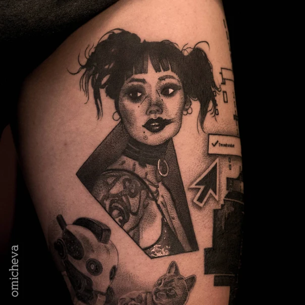 Блэкворк Portrait, Robot tattoo на Thigh