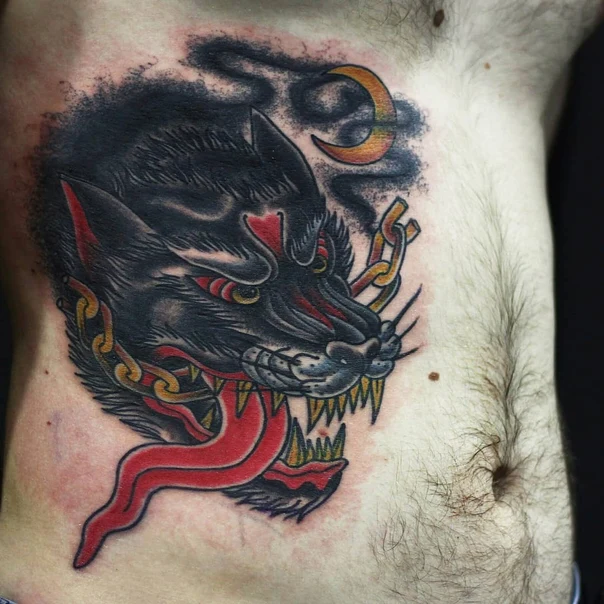 Neo Traditional Wolf, Moon tattoo on Stomach