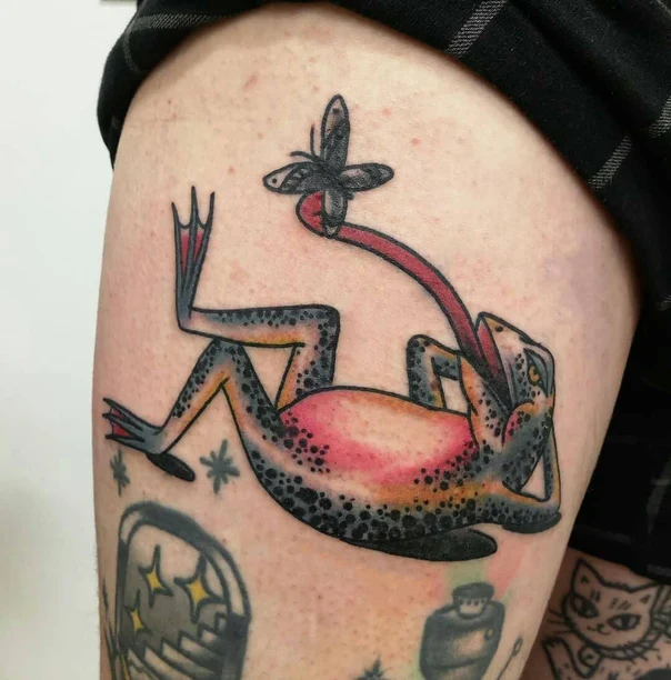 Traditional Frog, Butterfly tattoo on Thigh