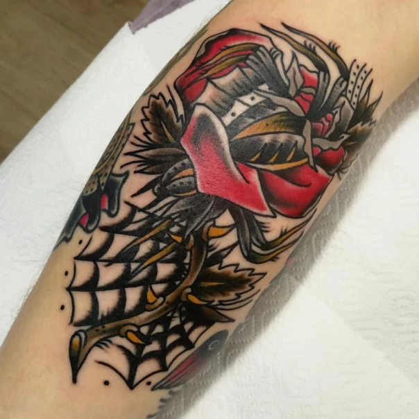 Traditional Rose, Spiderweb tattoo on Forearm