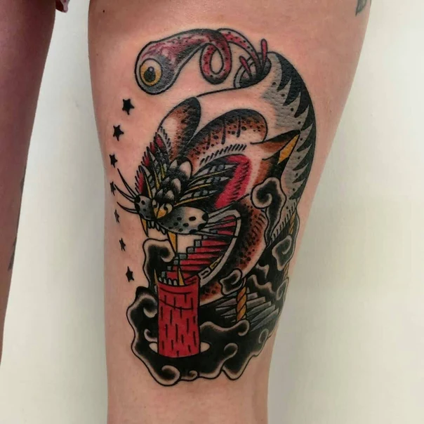 Neo Traditional Cat, Eye tattoo on Thigh