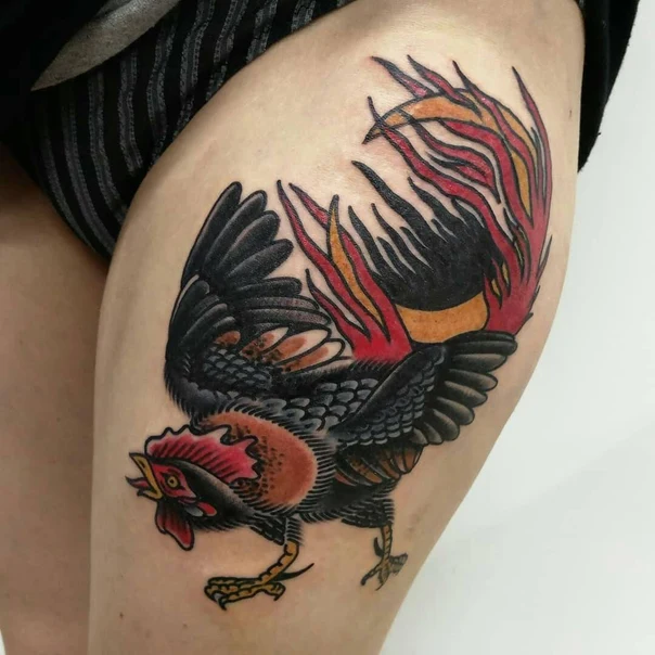 Traditional Rooster, Bird tattoo on Thigh
