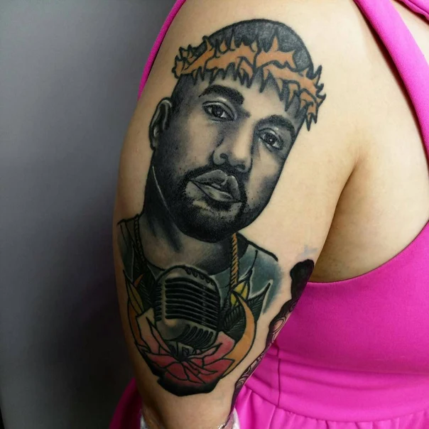 Realism Portrait, Microphone tattoo on Upper Arm