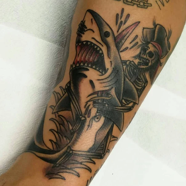 Traditional Shark, Pirate tattoo on Forearm