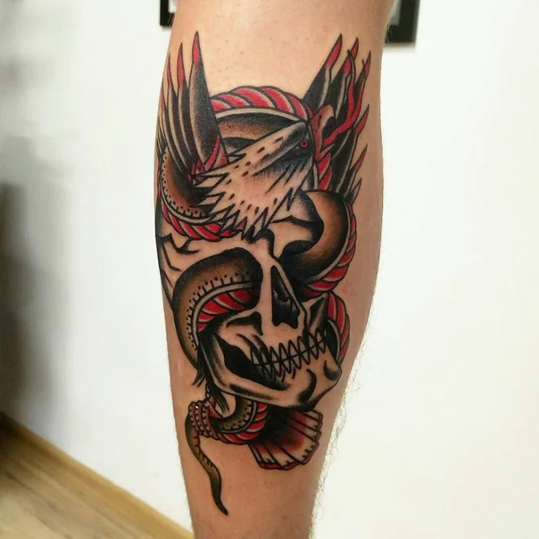 Traditional Skull, Snake tattoo on Calf