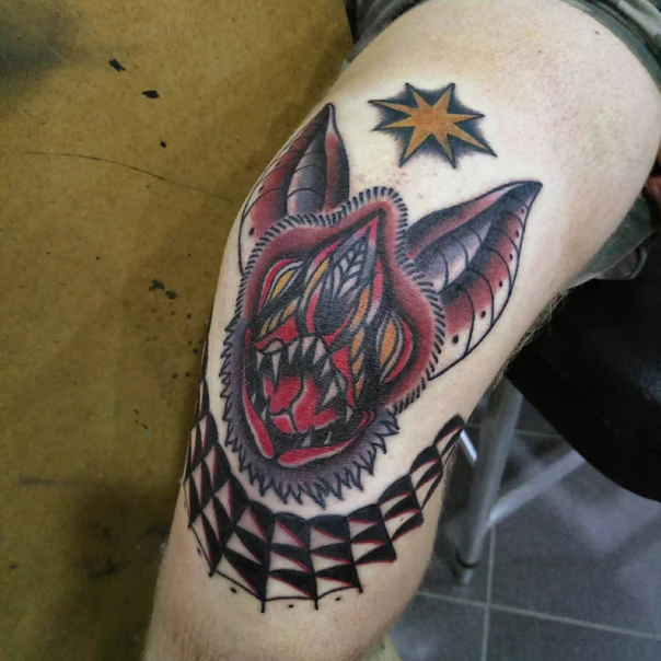 Traditional Bat, Star tattoo on Knee